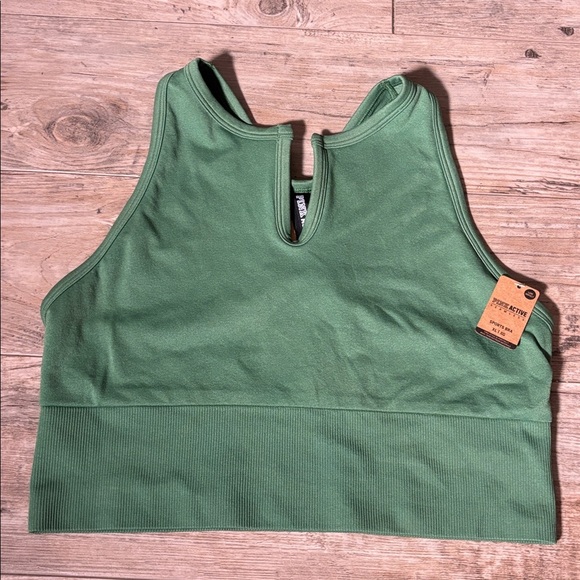 NWT Pink Victoria’s Secret Seamless Crop Top Womens S Green Notch Neck Ribbed - Picture 1 of 5